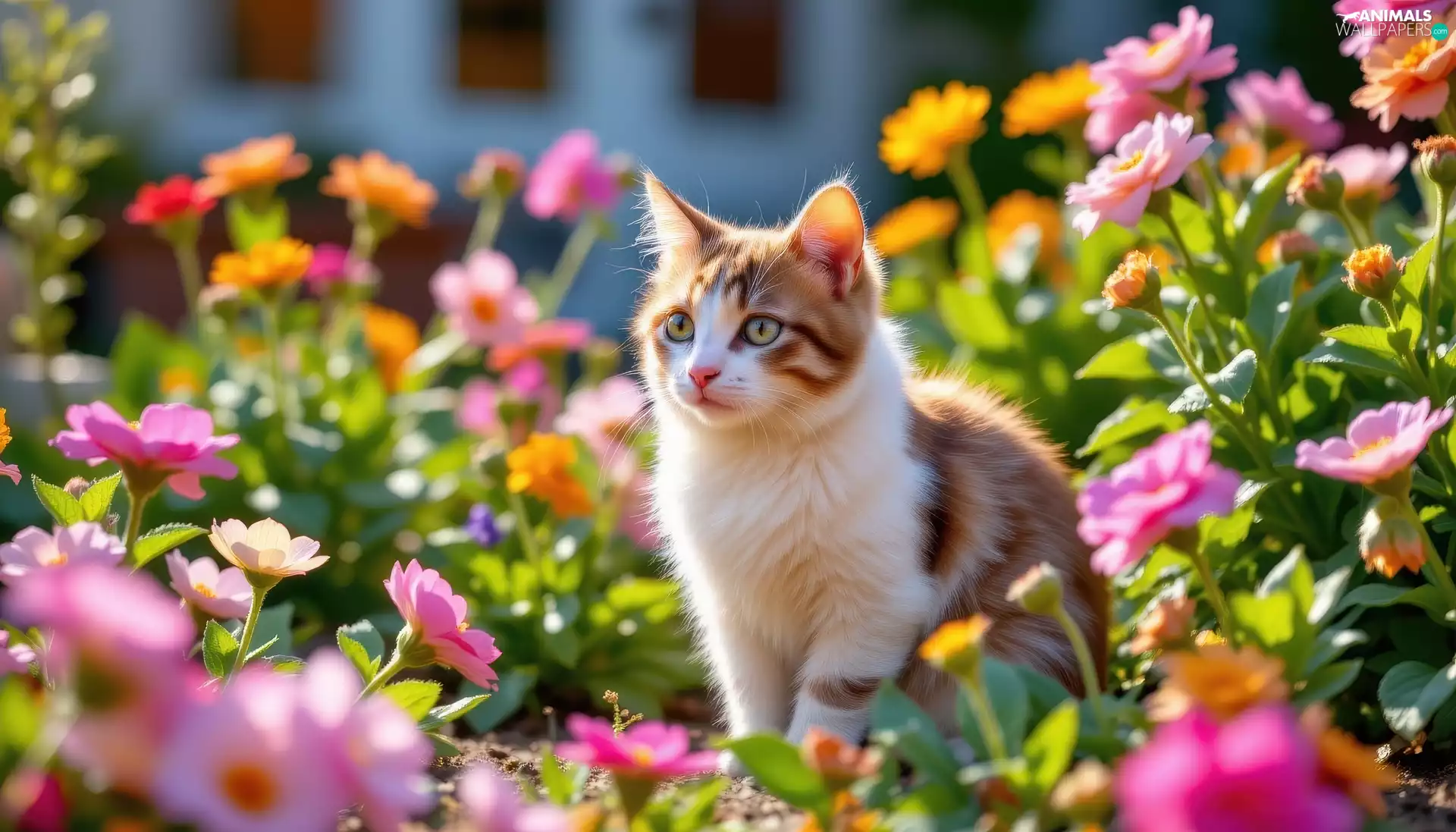 color, Flowers, cat, Red-white, sitter
