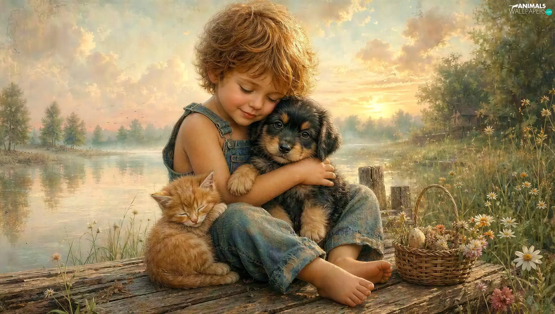 Puppy, boy, Platform, River, cat, dog