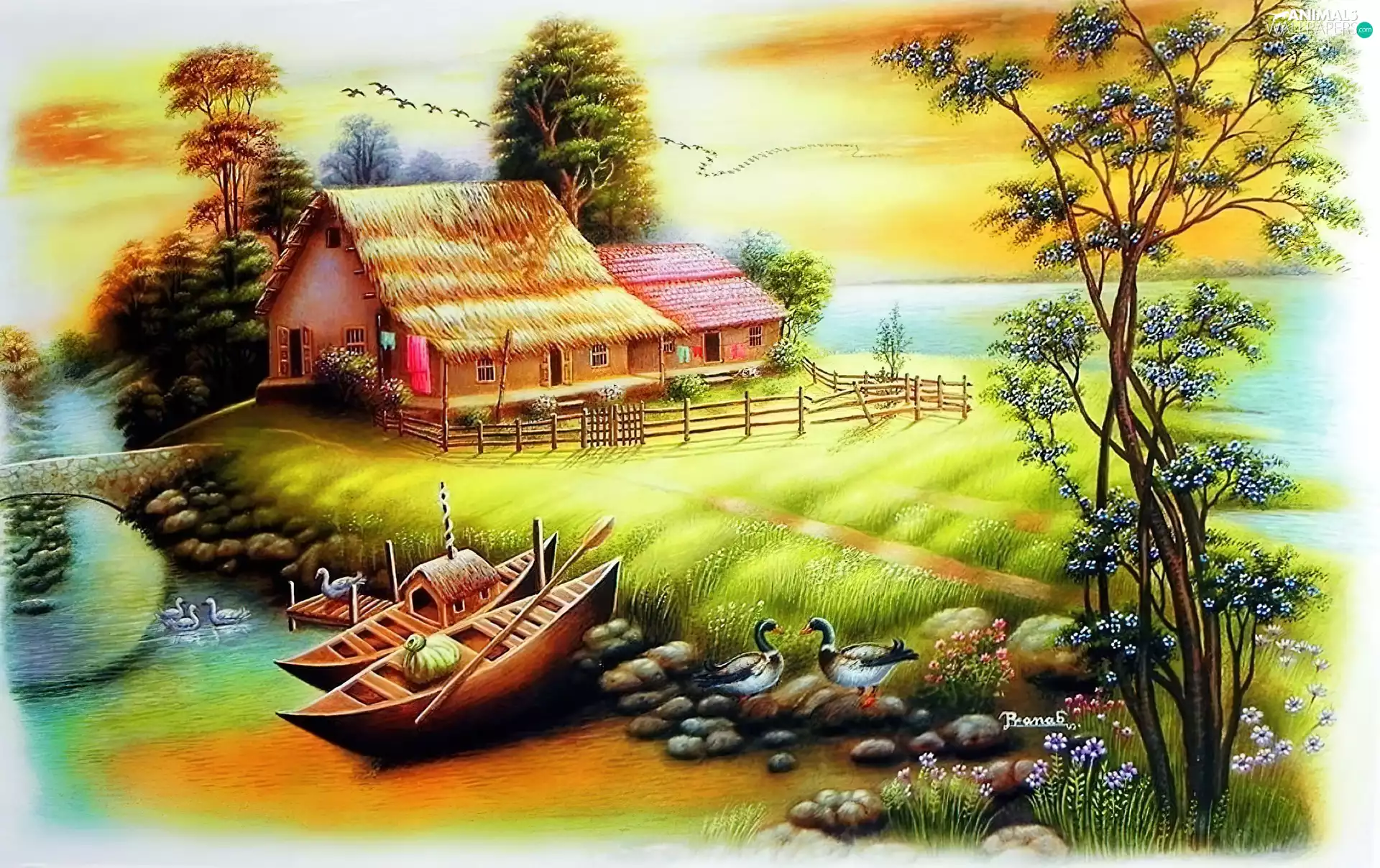 house, boats, birds, River