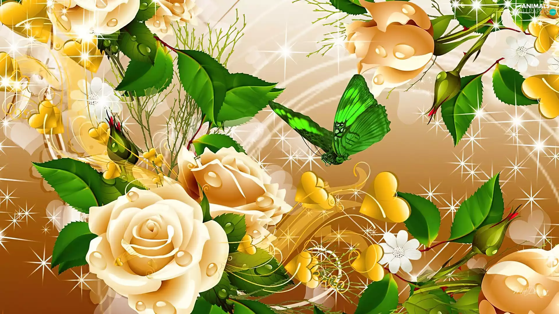 cream, butterfly, Art, roses