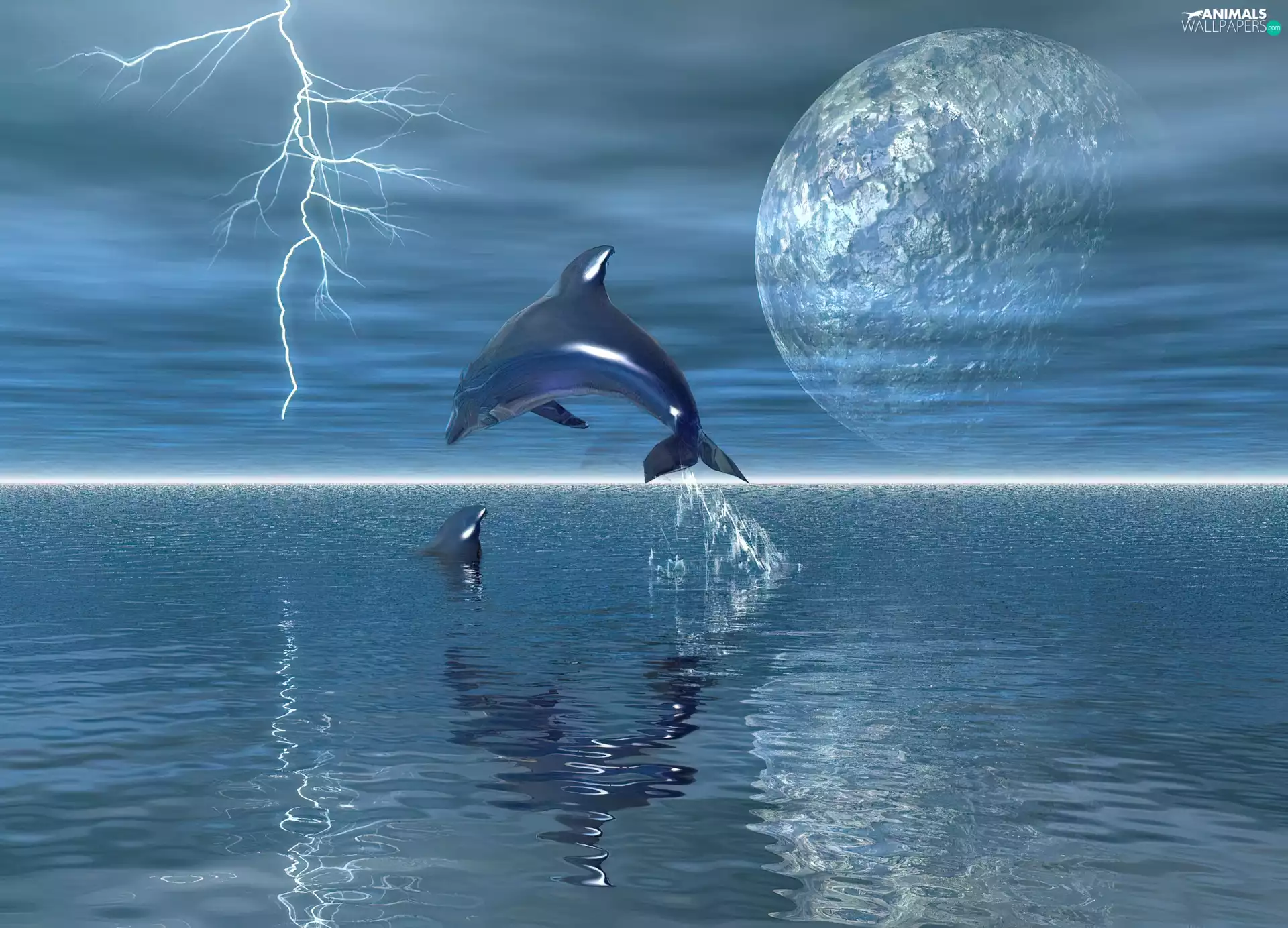Storm, dolphin, lightning, sea, lightning, Planet