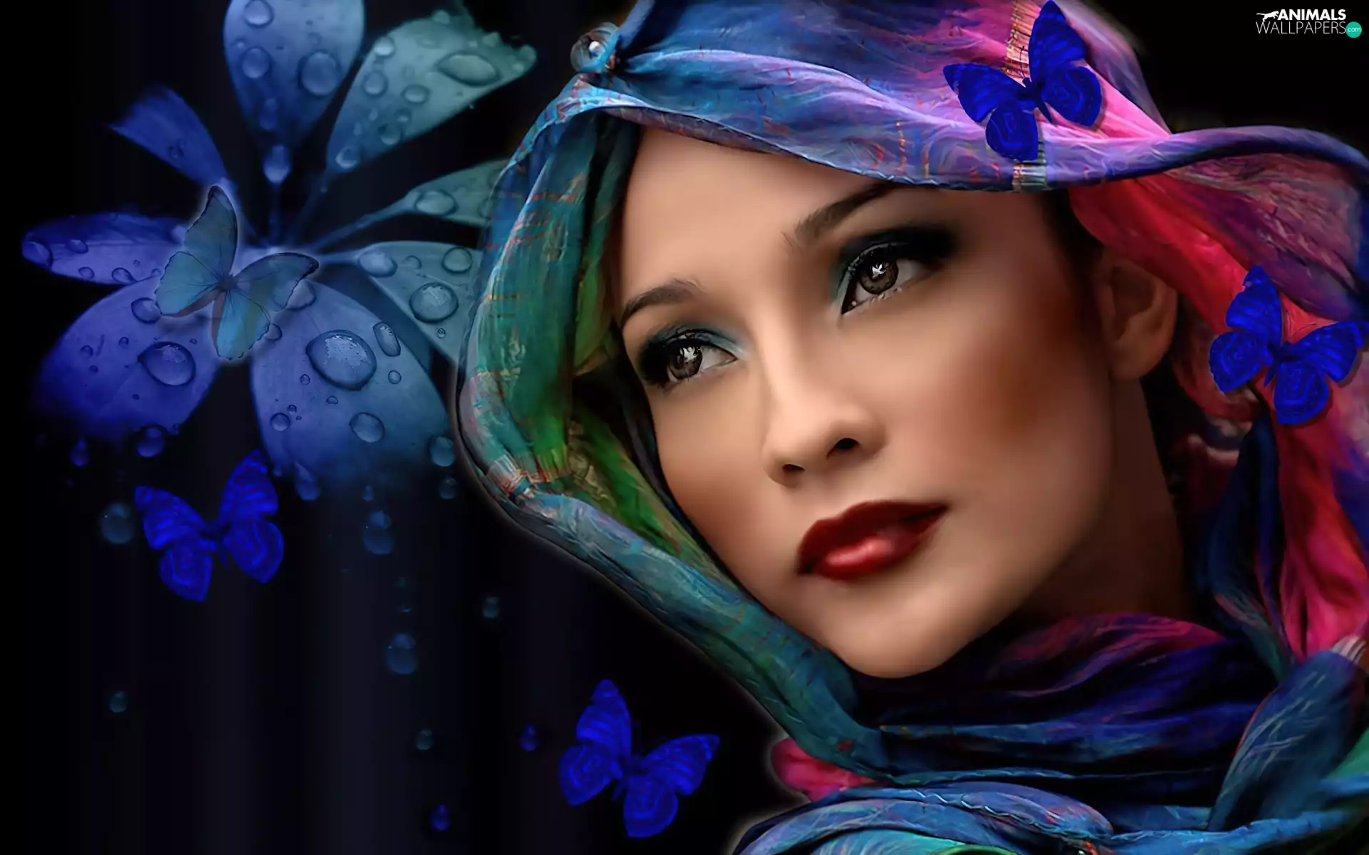 Colourfull Flowers, butterflies, shawl, make-up, Women