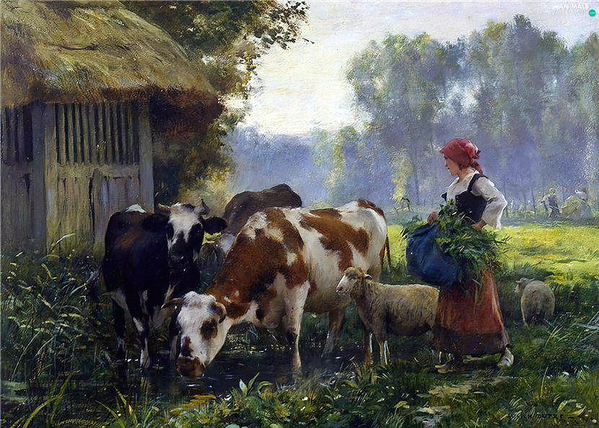 Cows, forest, Meadow, Sheep