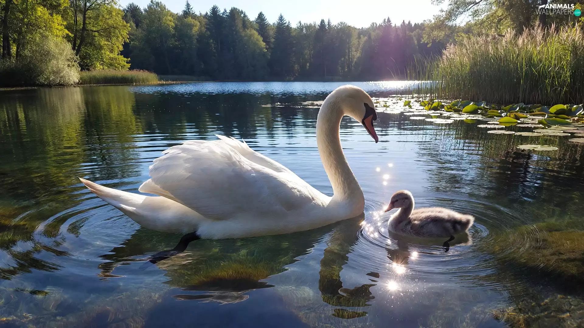 Swans, lake, Swan, small, Two cars