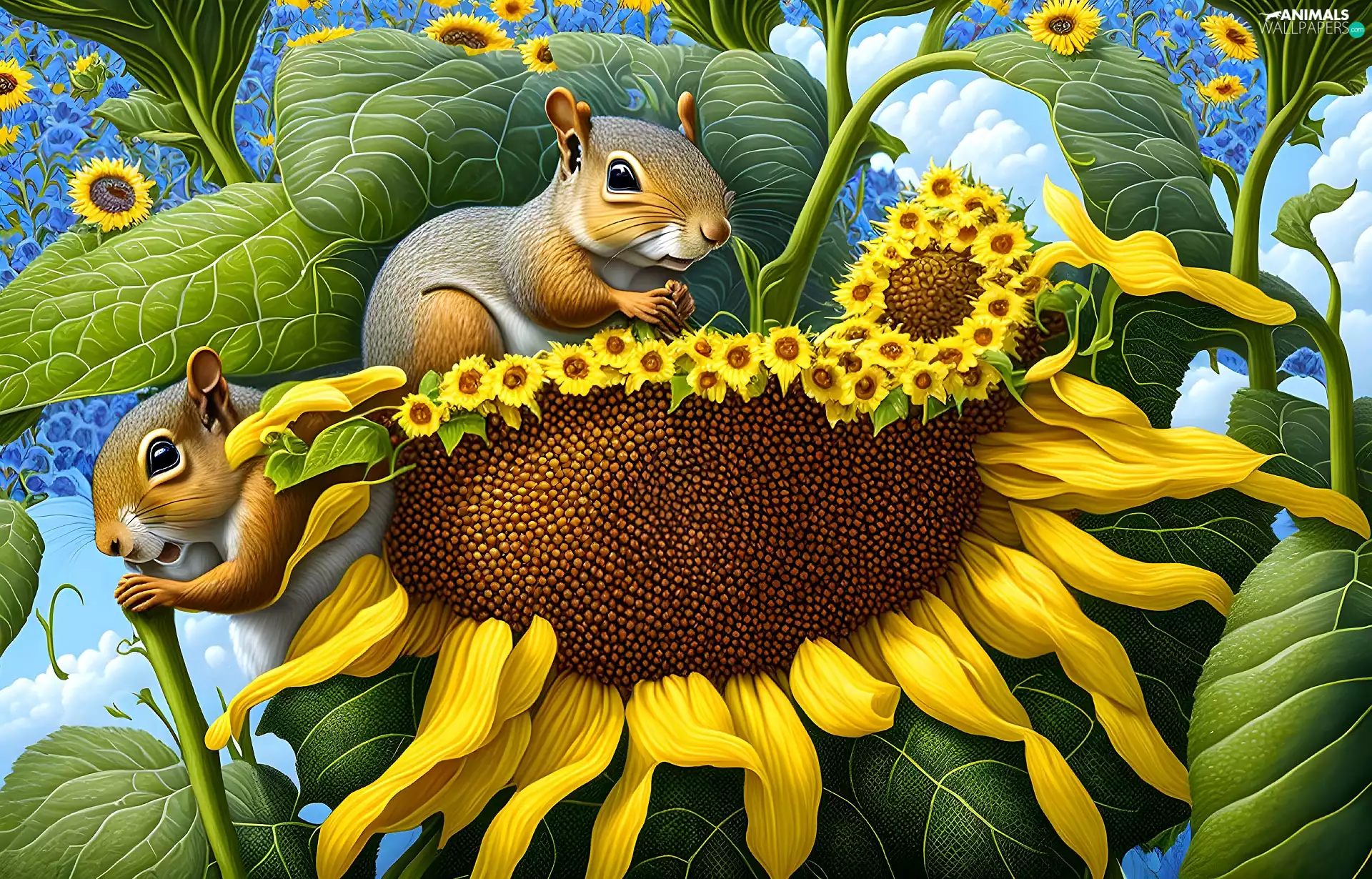 Two, Sunflower, graphics, squirrels