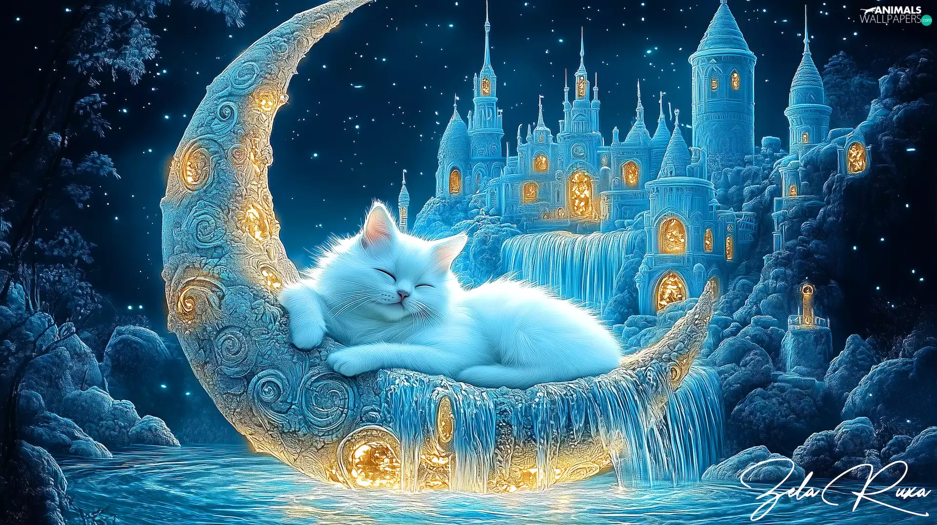cat, moon, Castle, star, Night, sleepy, fantasy