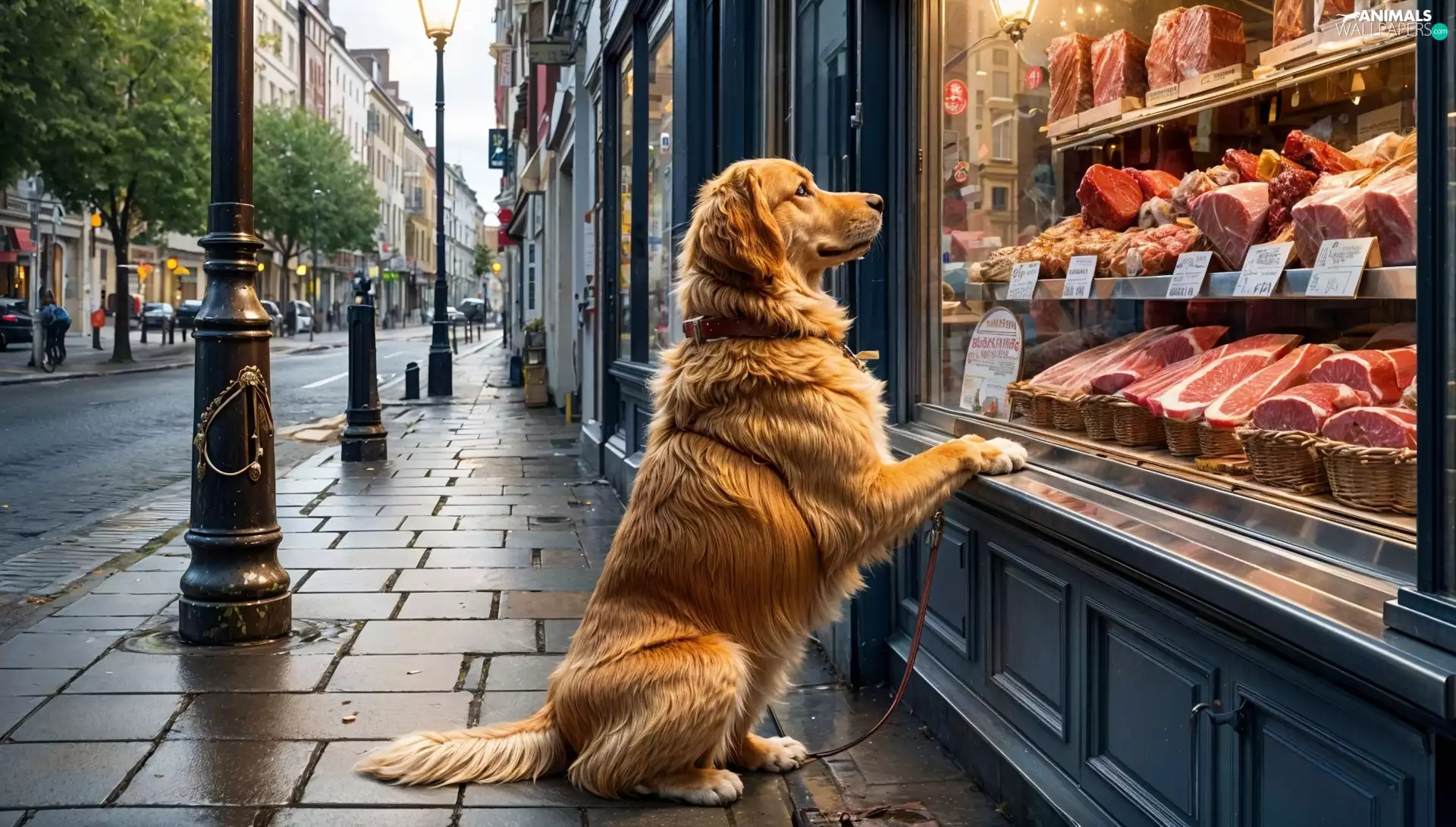 meat, Golden Retriever, Pavement, Shop, dog, exhibition, Street