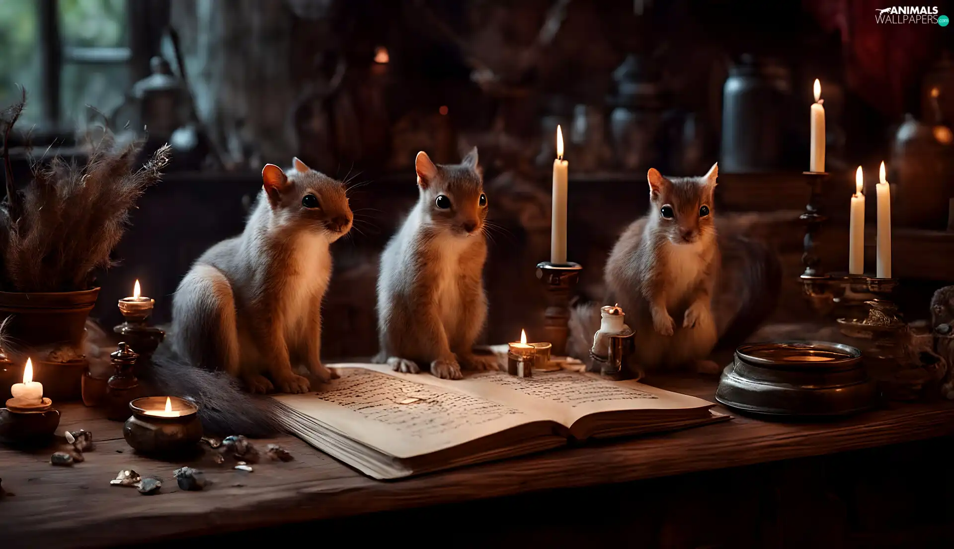Book, Table, squirrels, Candles, Three