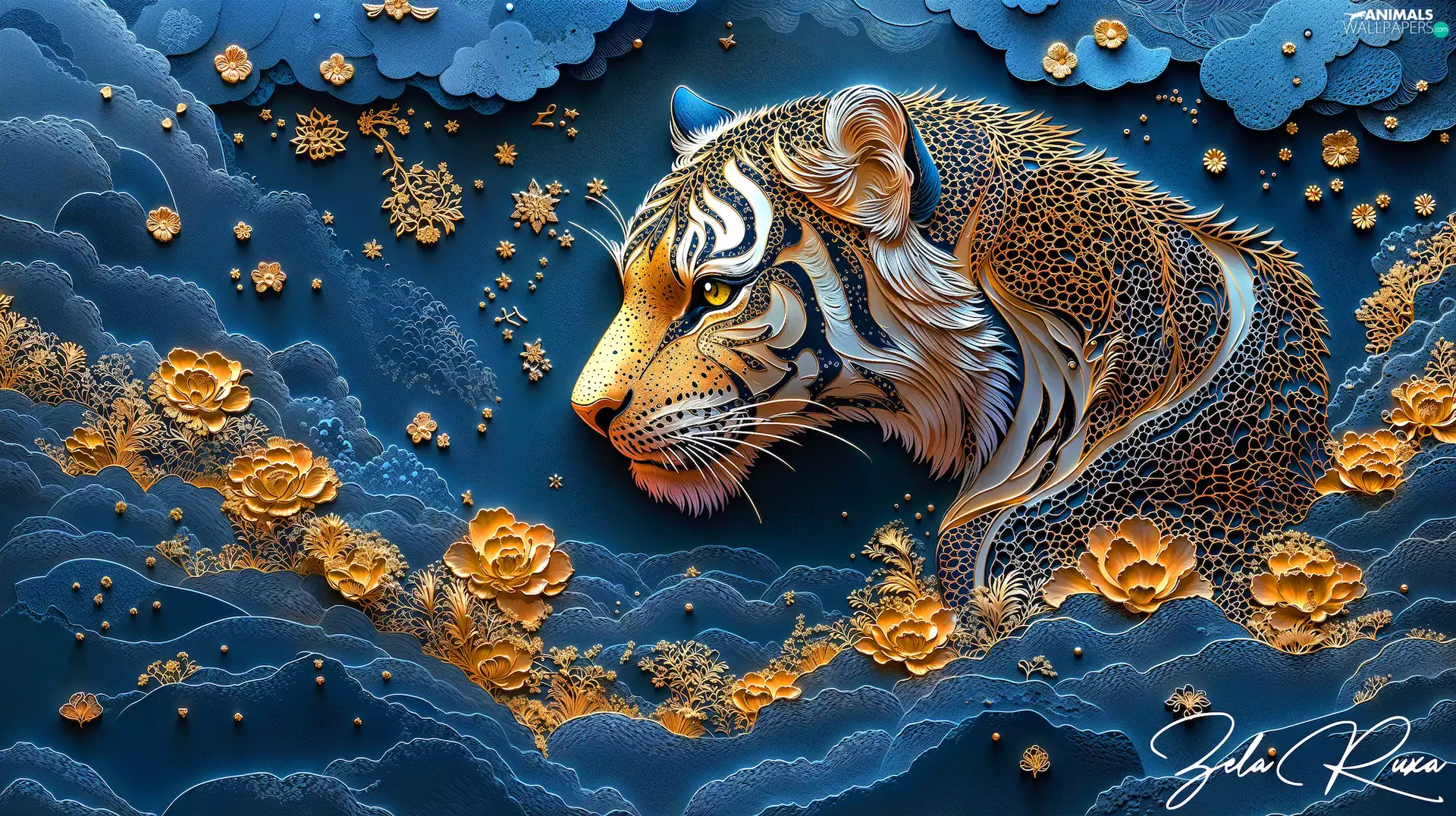 graphics, Head, Flowers, tiger