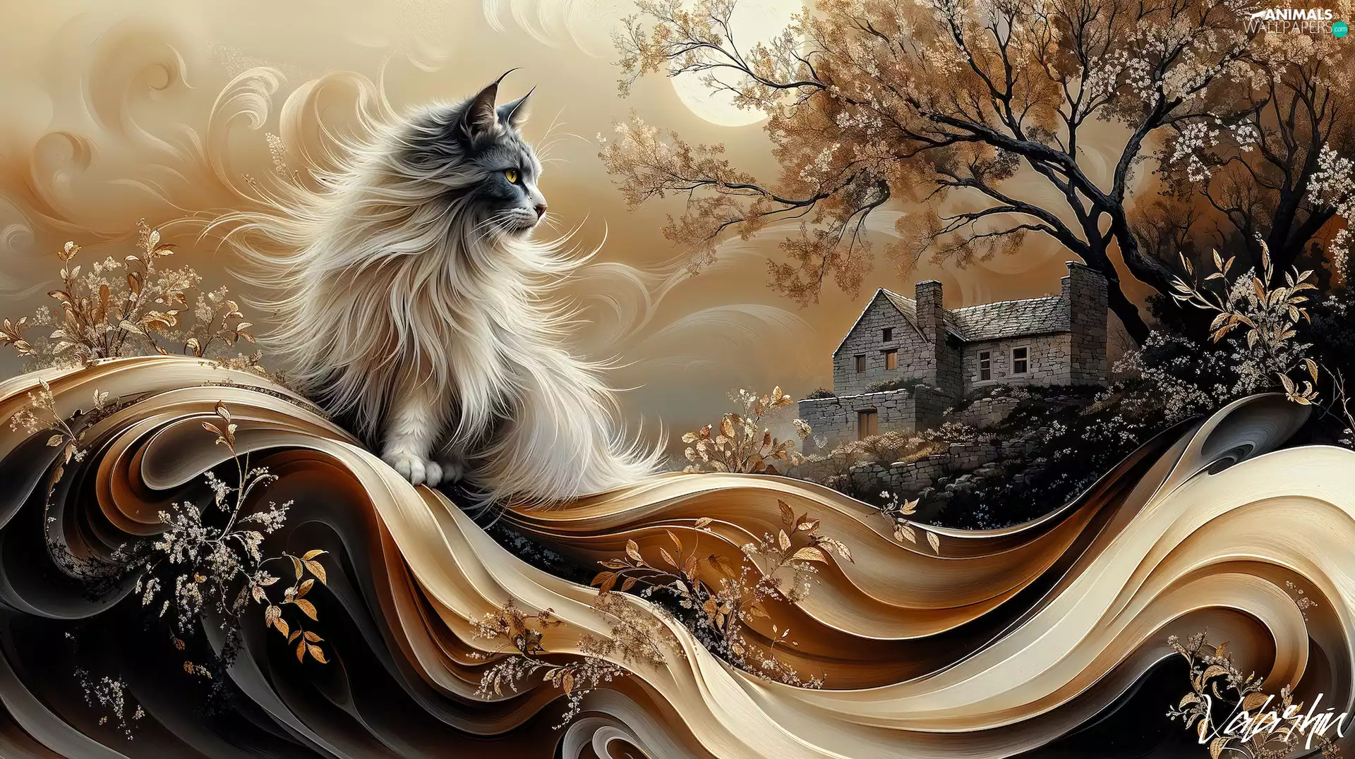 house, trees, cat, Longhaired, graphics