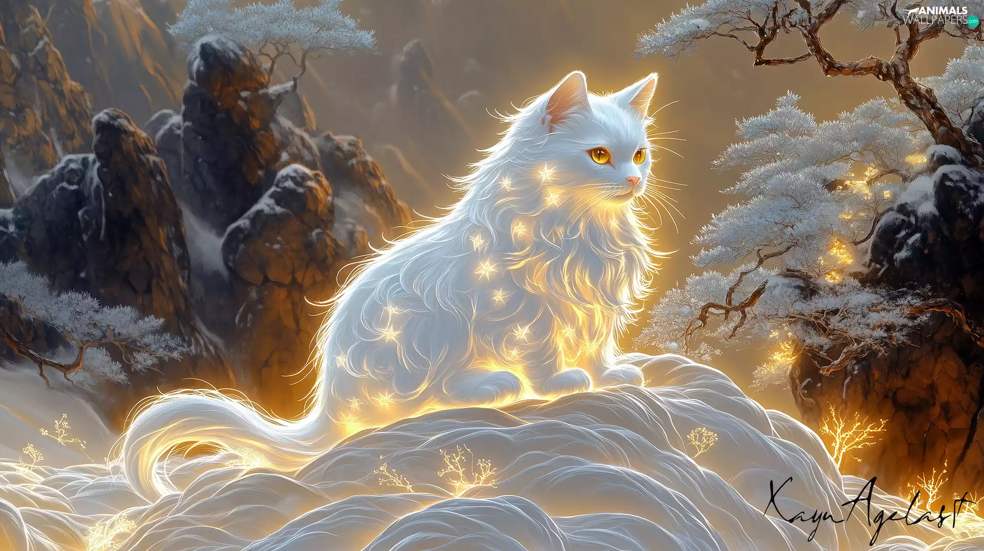 White, fluffy, lights, rocks, viewes, cat, graphics, trees