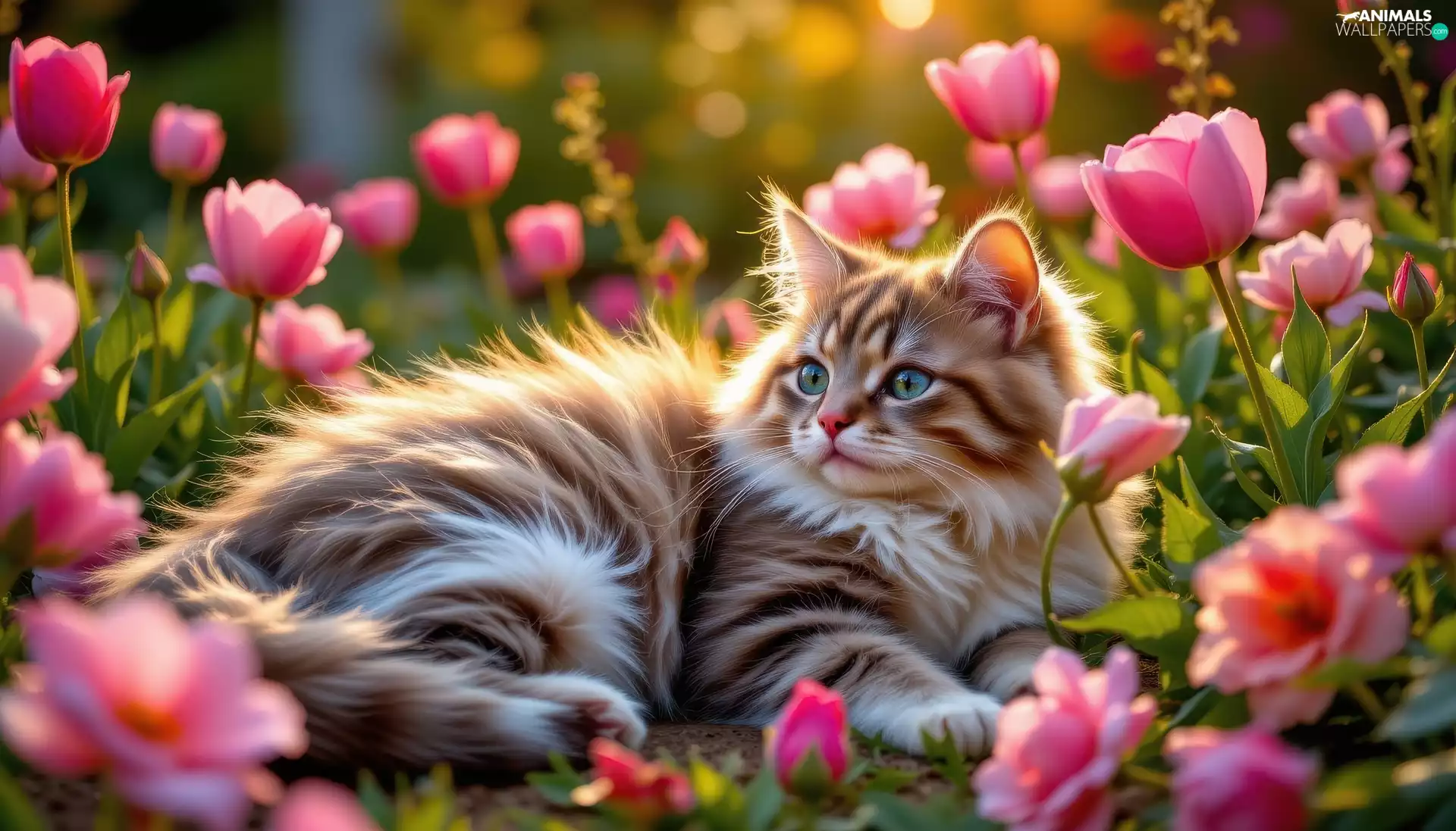 Tulips, cat, Flowers