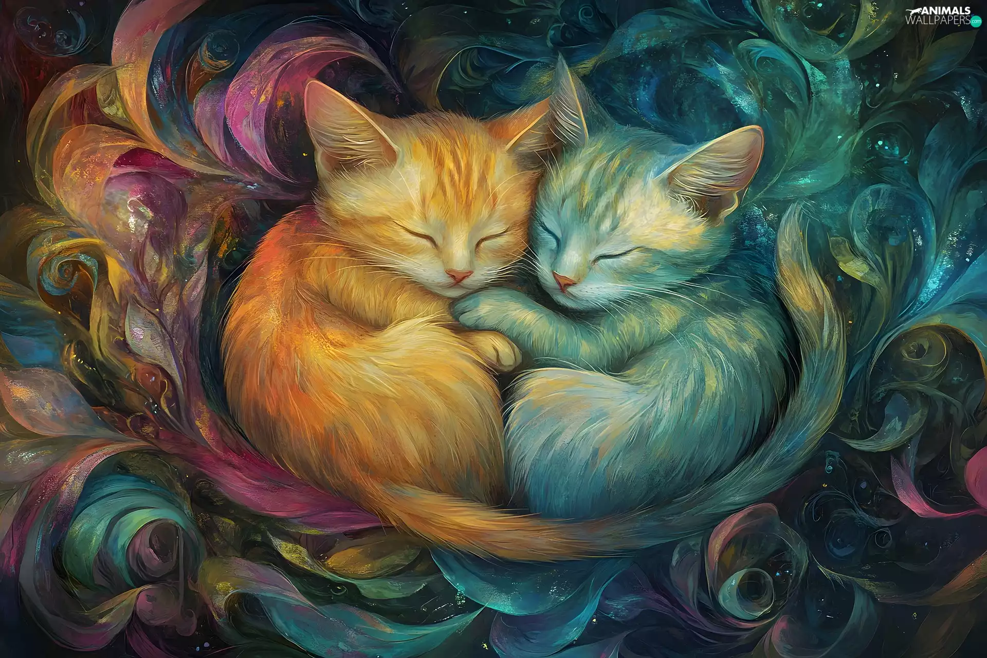 cats, graphics, cuddled, Two cars, Sleeping