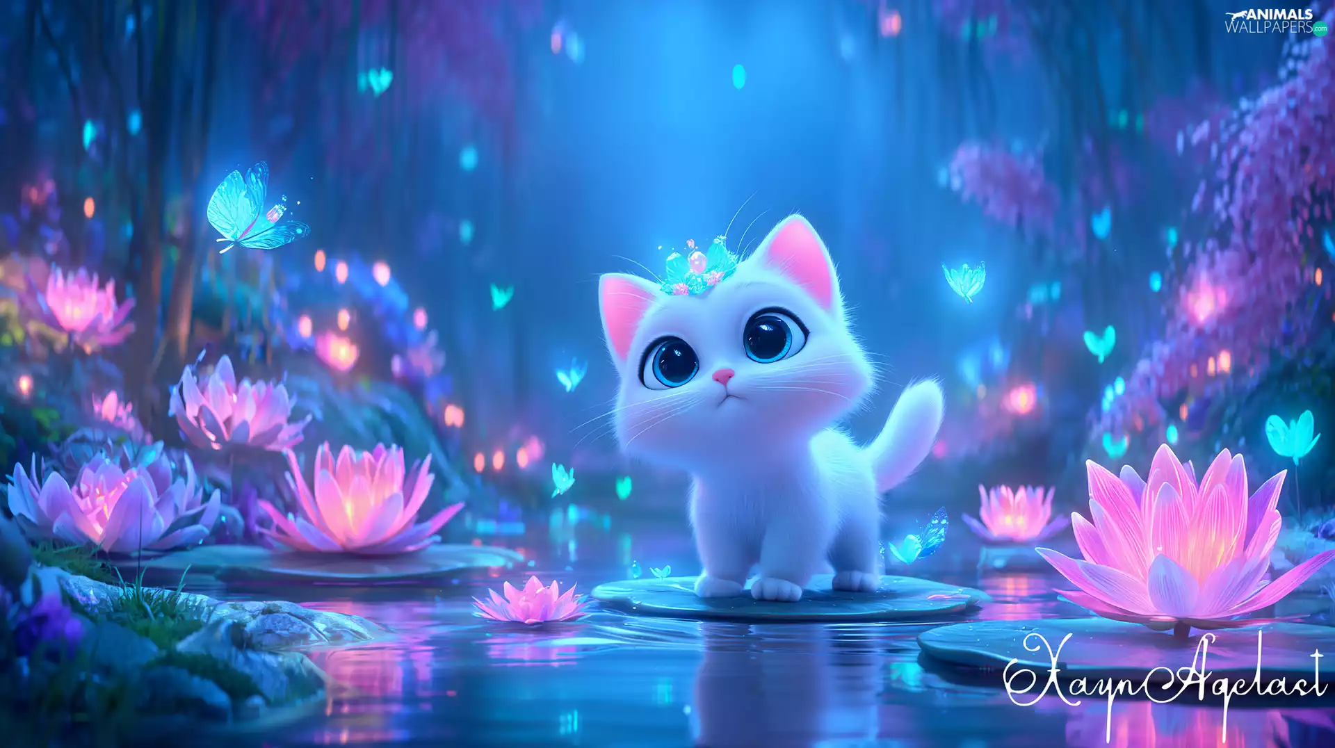 White, Water lilies, water, kitten
