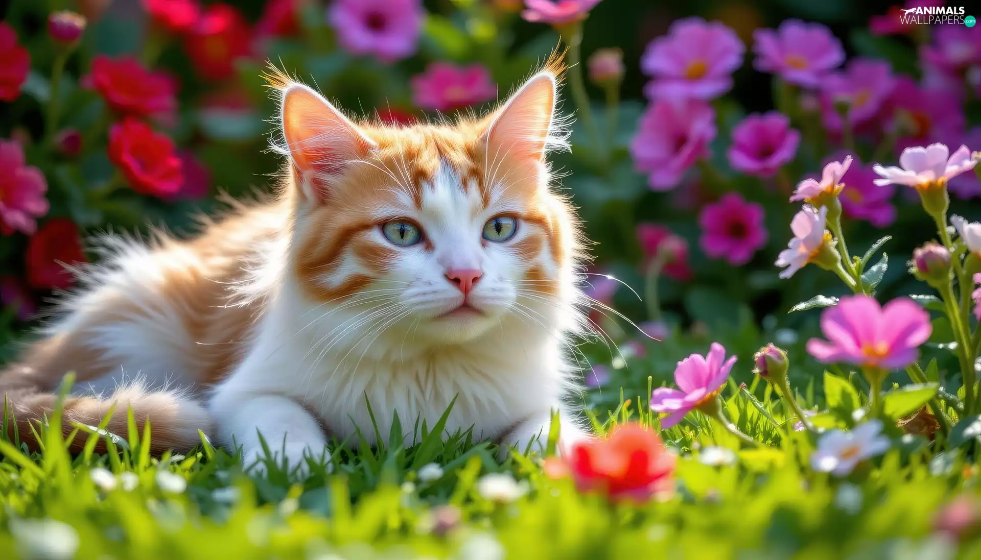 Flowers, white and red, cat