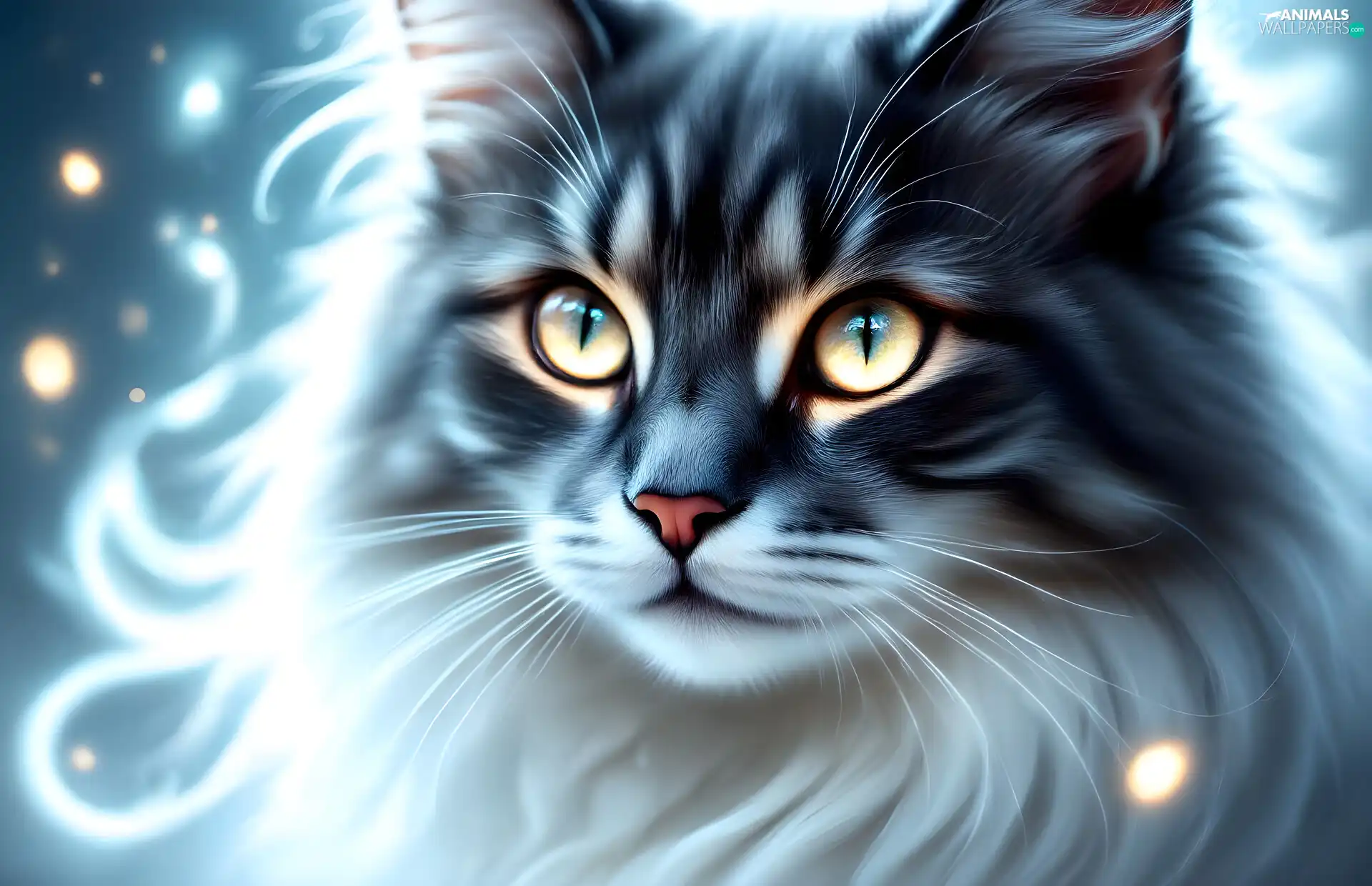 cat, Head, fluffy, white and gray
