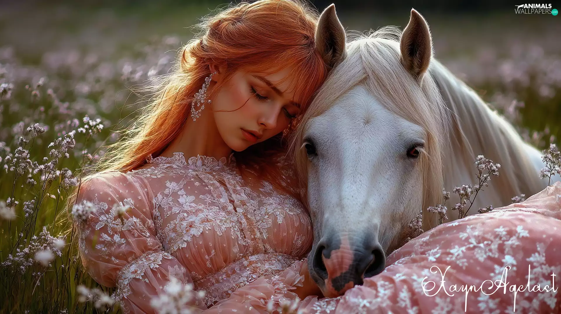 Women, the sleeping, White, Horse, Meadow, redhead