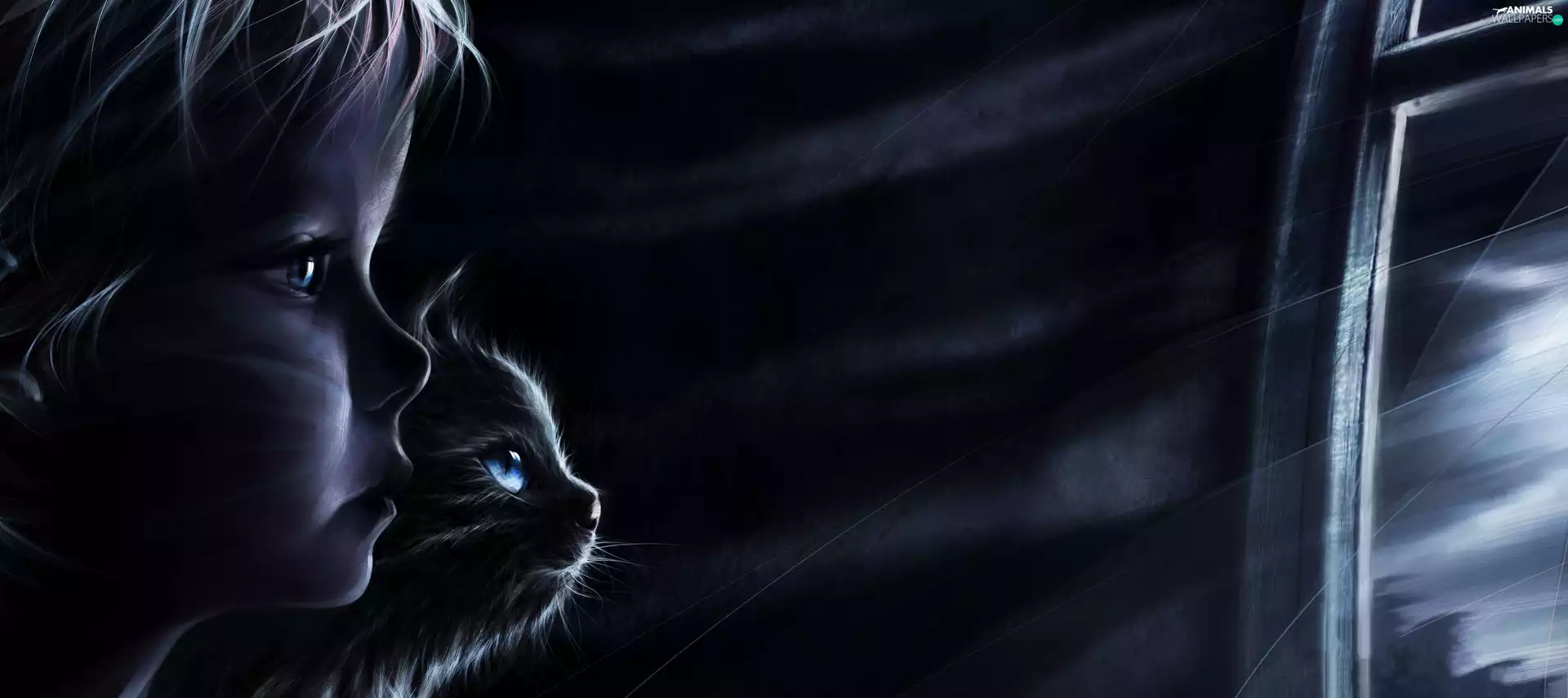 cat, Window, boy, Kid, graphics