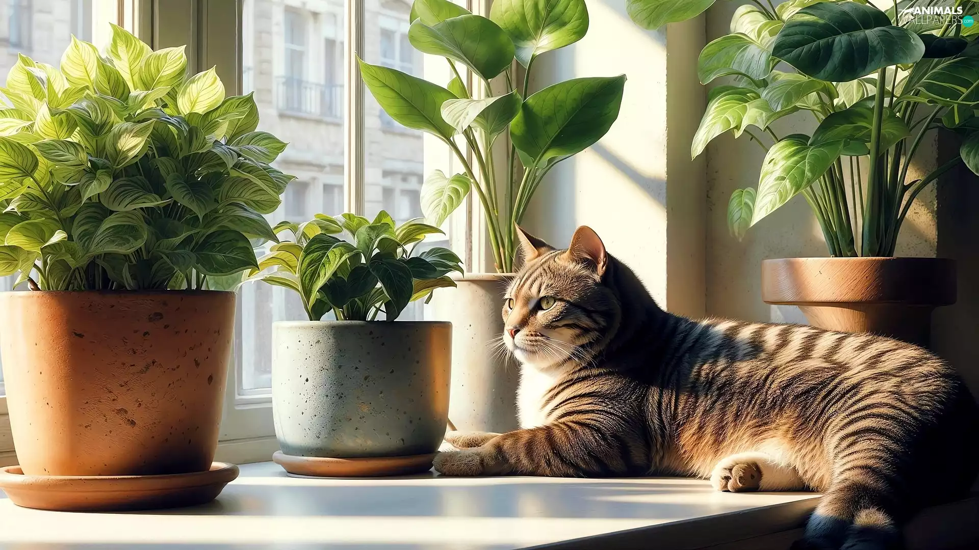 cat, Plants, Pots, Window