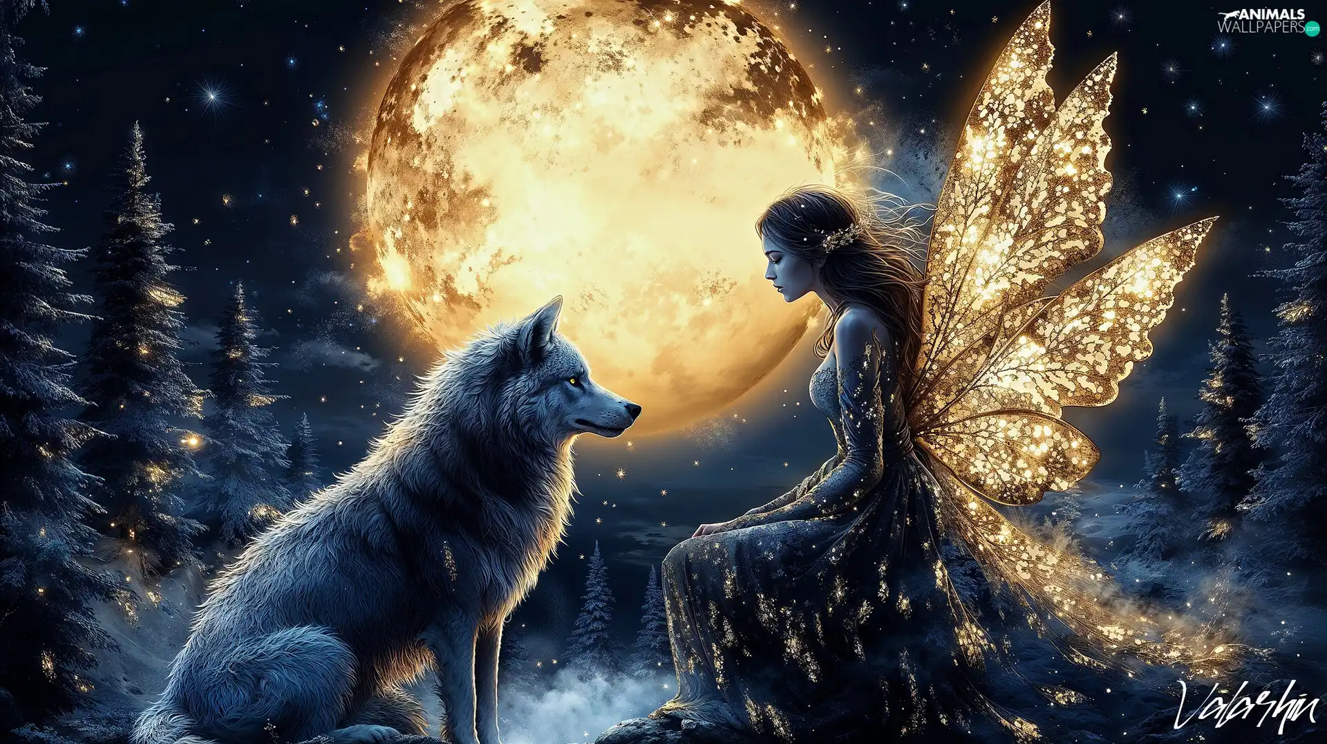 forest, wings, moon, Wolf, Women, winter, fantasy