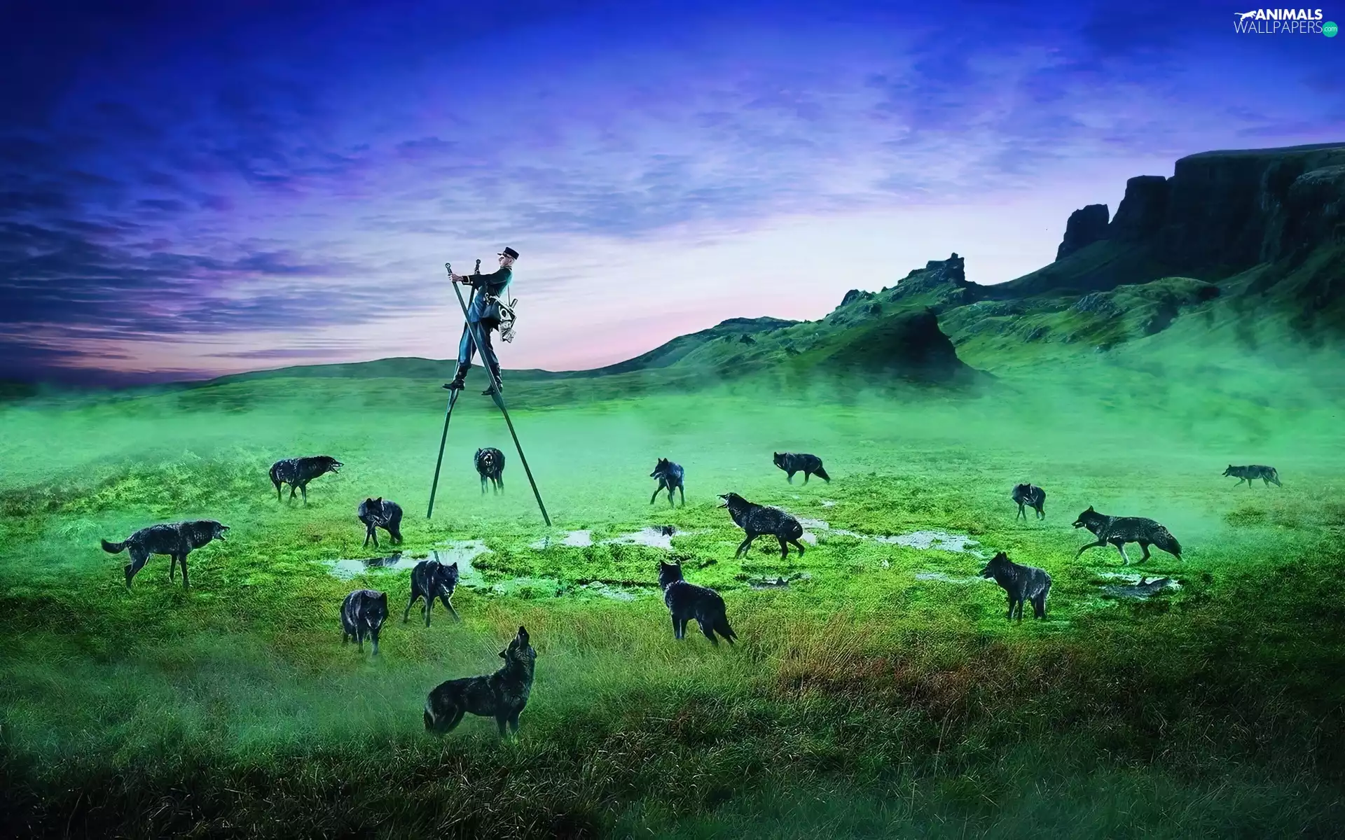 wolves, postman, stilts