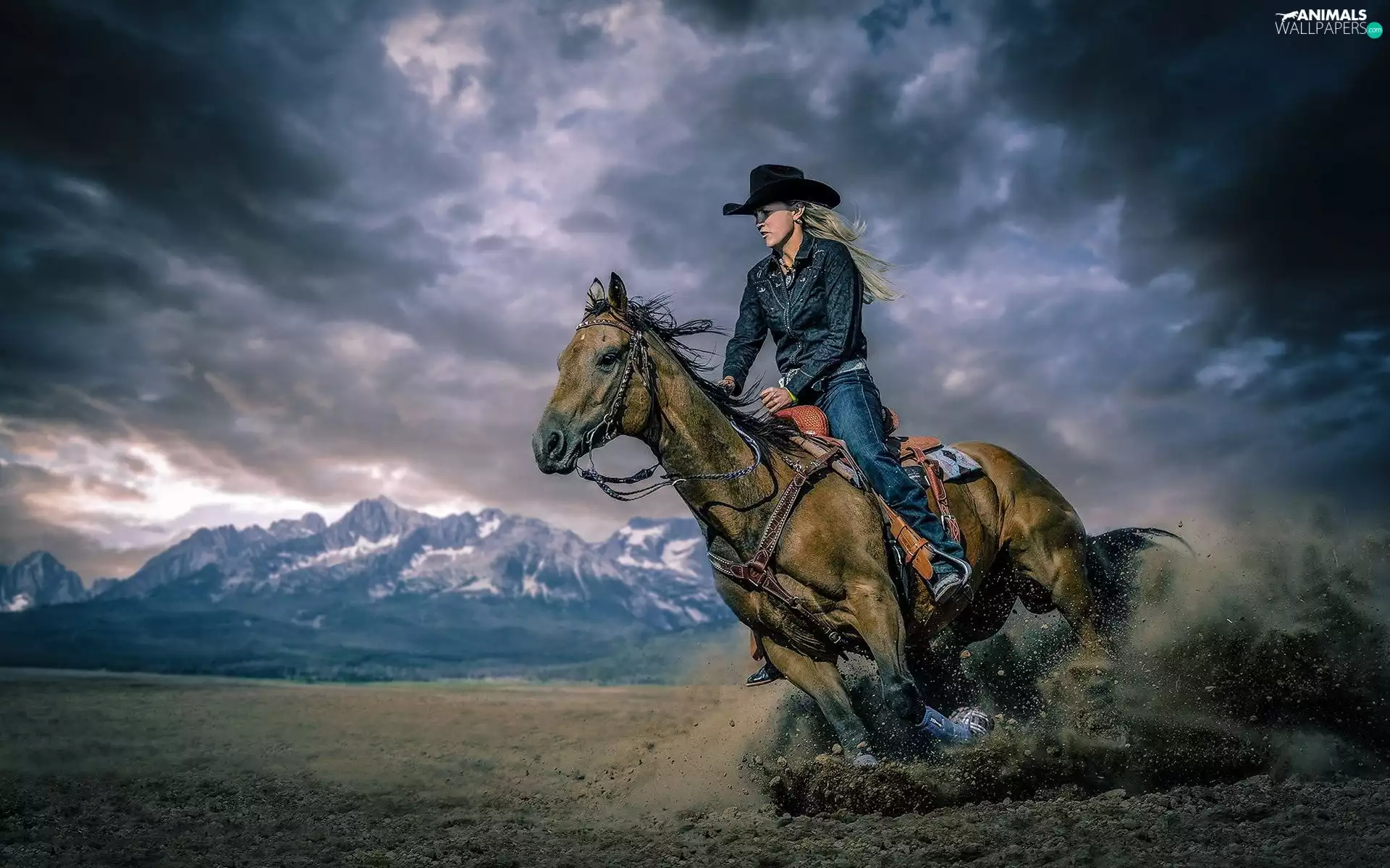 Mountains, clouds, Horse, car in the meadow, Women