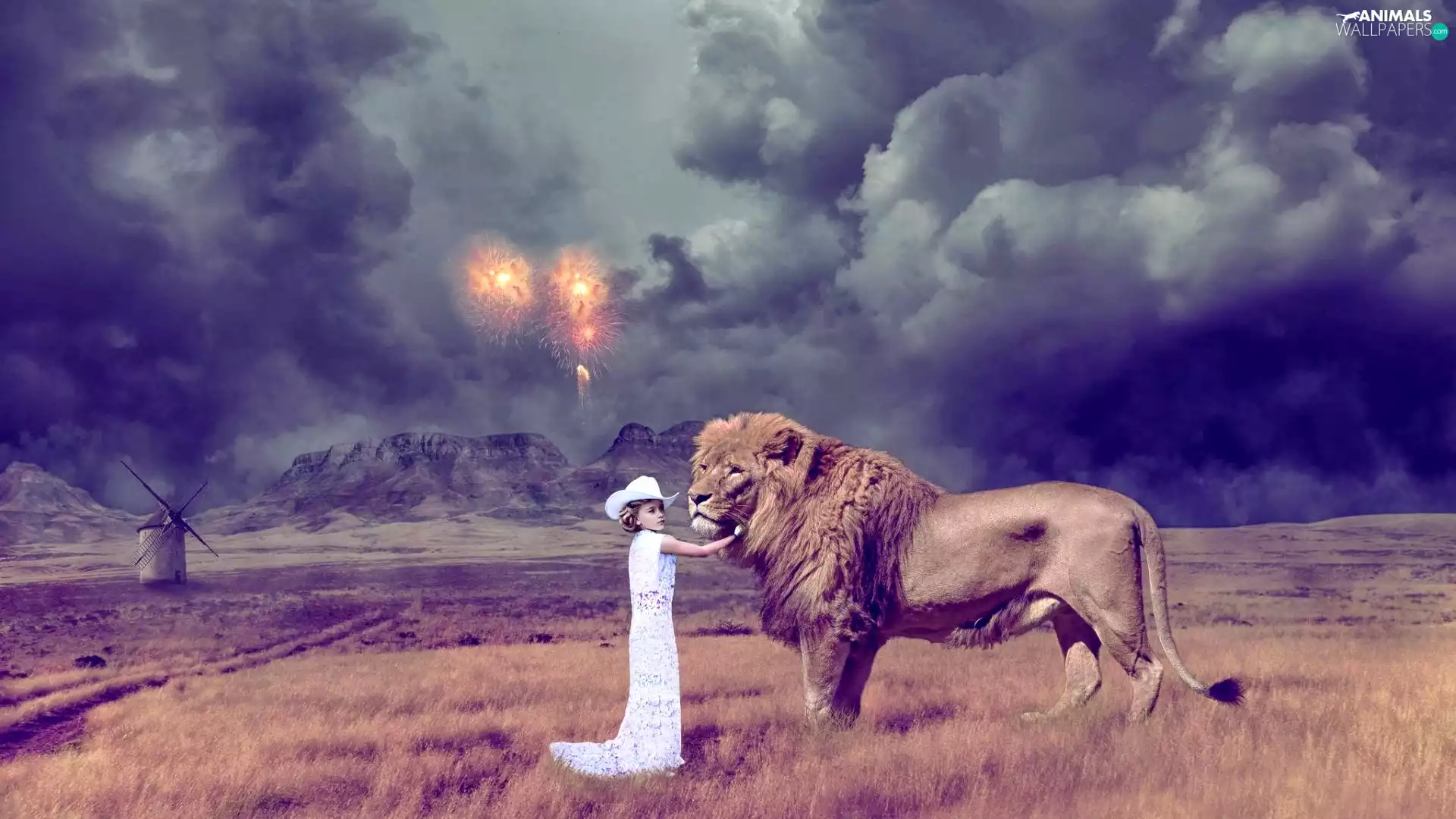 Lion, clouds, Windmill, Women