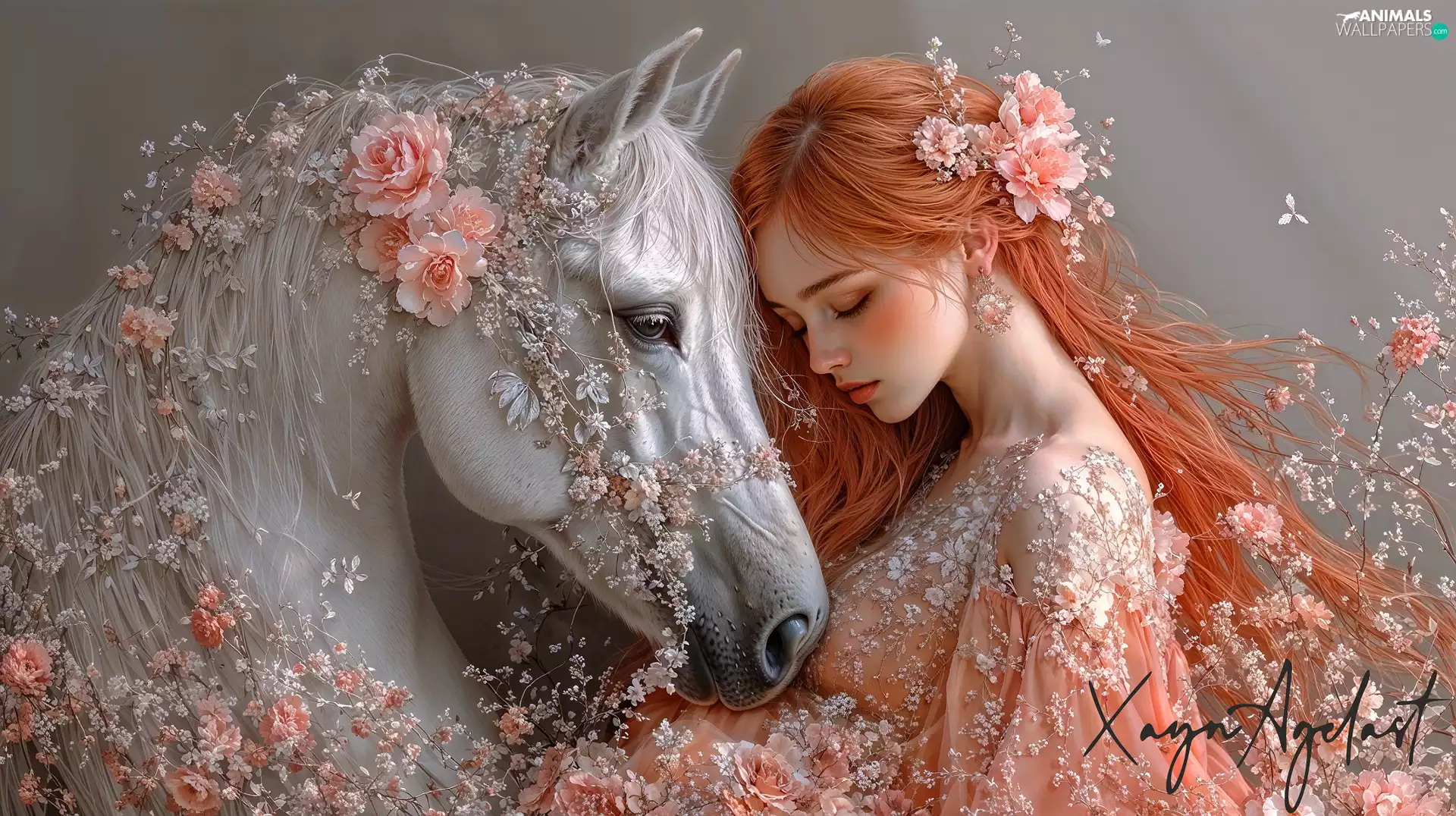 redhead, Horse, Flowers, Women