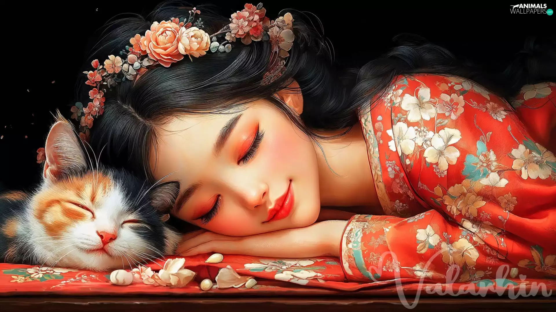 girl, cat, dream, wreath