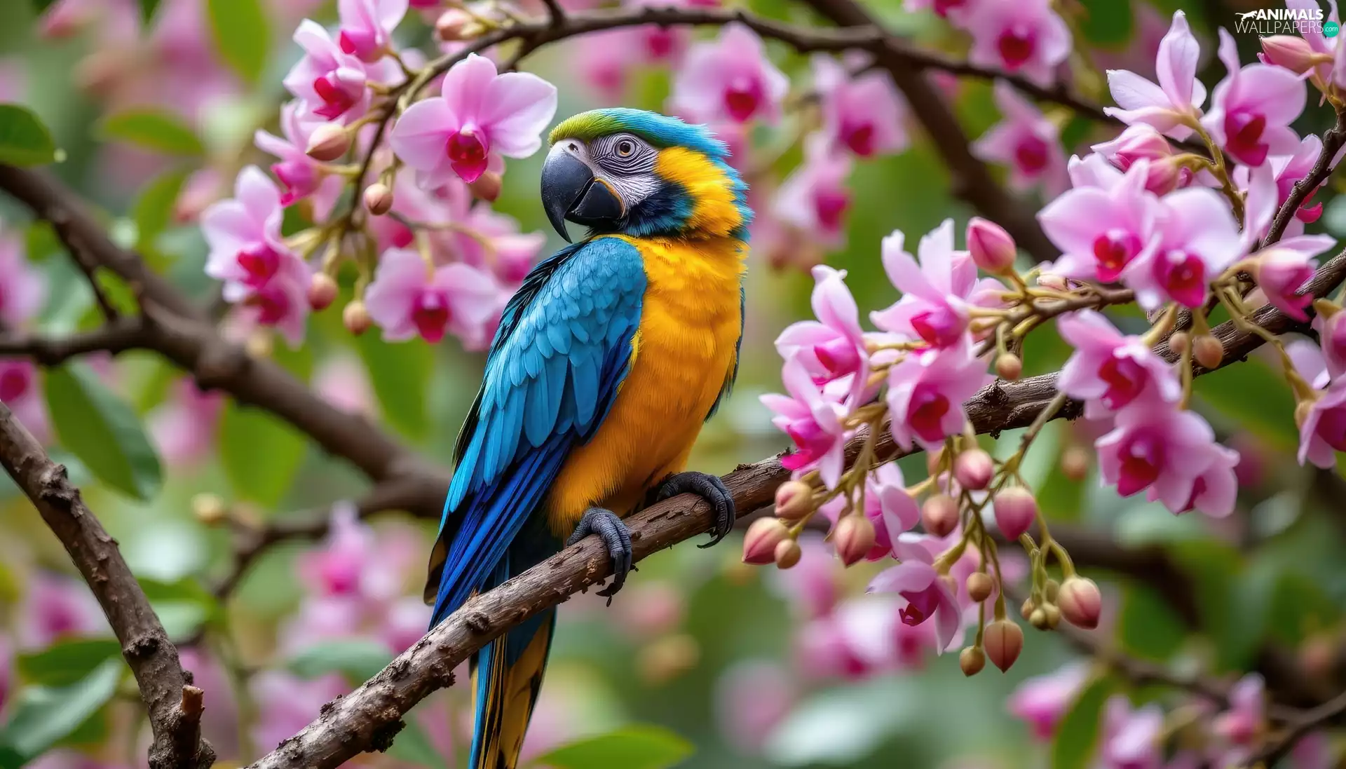 orchids, Flowers, Blue-Yellow, ara, parrot, Twigs