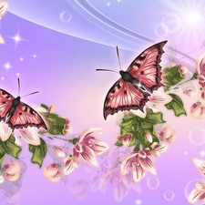 butterflies, sun, 2D Graphics, Flowers