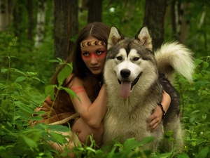 girl, Alaskan Malamute, forest, dog