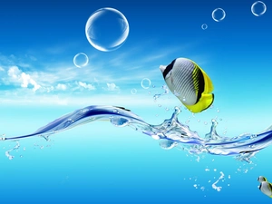 Blue, background, water, bubbles, fishes