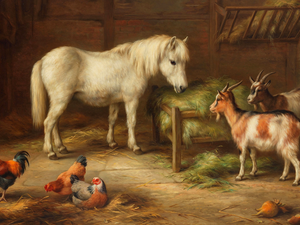 Horse, picture, hens, Edgar Hunt, painting, Goats, Barn