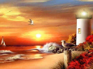 sea, maritime, west, Beaches, Lighthouse, gulls, sun