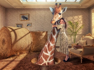 interior, girl, Armchair, giraffe, straw, Room, Funny, Bele