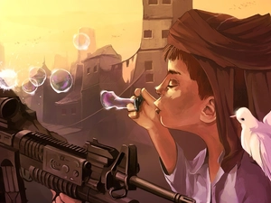 gun, interesting eyes, boy, pigeon, Cyril Rolando