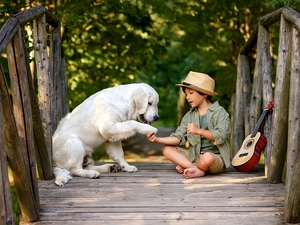 Labrador Retriever, boy, bridges, Guitar, footbridge, dog