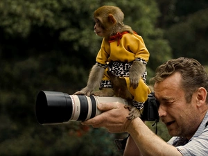 Monkey, a man, Camera