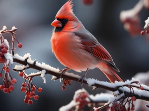 A snow-covered, Bird, Red, Fruits, twig, cardinal
