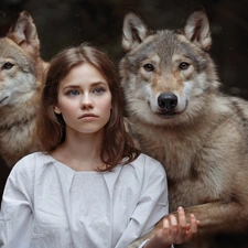 wolves, girl, Two cars