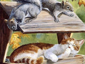 Bird, squirrels, painting, cat
