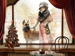 Window, Women, table, christmas tree, cafeteria