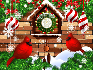 birds, Northern Cardinal, Clock, baubles, 2D Graphics