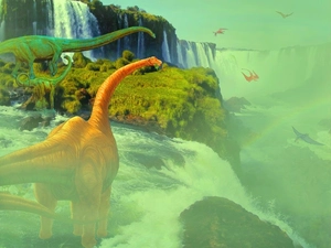 dinosaurs, waterfall