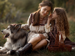 Women, dog, Alaskan Malamute, girl