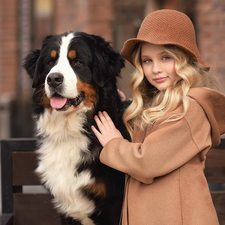 girl, Bernese Mountain Dog, Bench, Hat