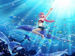 dolphins, girl, pigtail