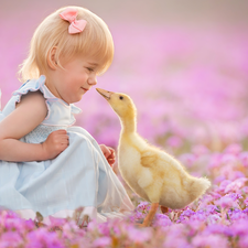 Flowers, Ducky, Meadow, Pink, girl