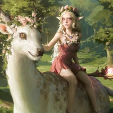 deer, horns, fantasy, girl, forest, White, graphics, elf